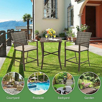 3 Pieces Brown Rattan Bar Dining Set with Slat Table and 2 Cushioned Stools