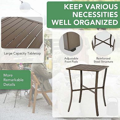 3 Pieces Brown Rattan Bar Dining Set with Slat Table and 2 Cushioned Stools