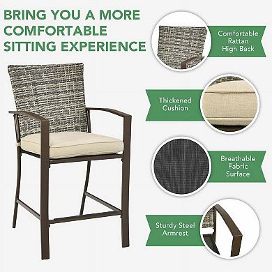 3 Pieces Brown Rattan Bar Dining Set with Slat Table and 2 Cushioned Stools
