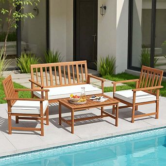 4 pc White Acacia Wood Patio Furniture Set with Cushions and Sturdy Wood Frame