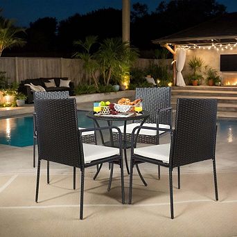 4 pc Wicker Rattan Patio Dining Set with Comfort Cushioned Chairs and Sofa for Garden