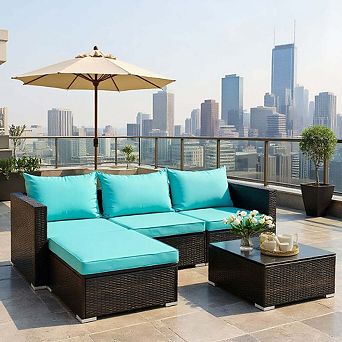 5 pc Turquoise All Weather Rattan Patio Conversation Set with Coffee Table