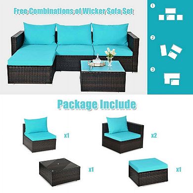 5 Pieces Turquoise All Weather Rattan Patio Conversation Set with Coffee Table