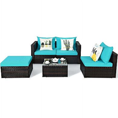 5 Pieces Turquoise All Weather Rattan Patio Conversation Set with Coffee Table