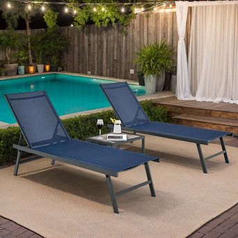 3 pc Navy Patio Chaise Lounge Set with Recliners and Table for Poolside Lawn