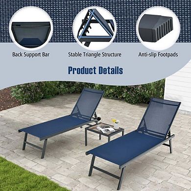 3 Pieces Navy Patio Chaise Lounge Set with Recliners and Table for Poolside Lawn