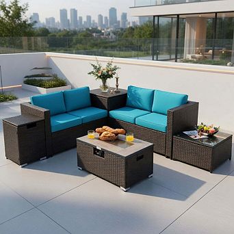 6 pc Turquoise Outdoor Wicker Patio Set with 32 Inch Propane Fire Pit Conversation Table