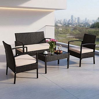 Cushioned Rattan Patio Conversation Set with Loveseat and Coffee Table for Multi Outdoor Scenes