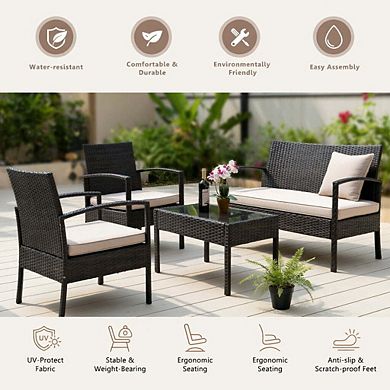 Cushioned Rattan Patio Conversation Set with Loveseat and Coffee Table for Multi Outdoor Scenes