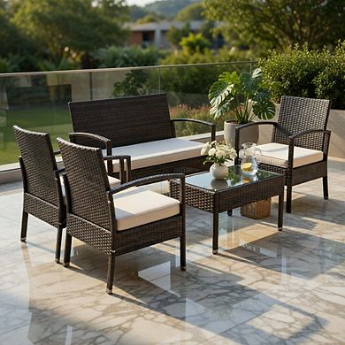 Cushioned Rattan Patio Conversation Set with Loveseat and Coffee Table for Multi Outdoor Scenes