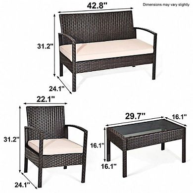 Cushioned Rattan Patio Conversation Set with Loveseat and Coffee Table for Multi Outdoor Scenes