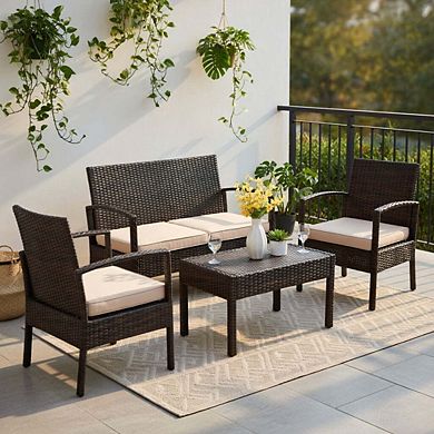 Cushioned Rattan Patio Conversation Set with Loveseat and Coffee Table for Multi Outdoor Scenes