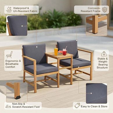 3-in-1 Acacia Wood Loveseat Patio Set with Detachable Separable Coffee Table