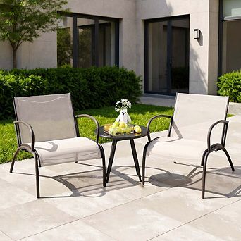 3 pc Rustic Brown Metal Aluminum Patio Set with Wide Armchairs and Conversation Table