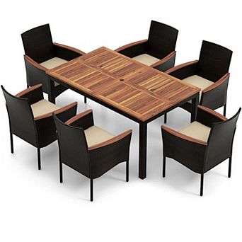 7 pc Rattan Patio Dining Set with Stackable Chairs and Umbrella Hole for Balcony and Poolside