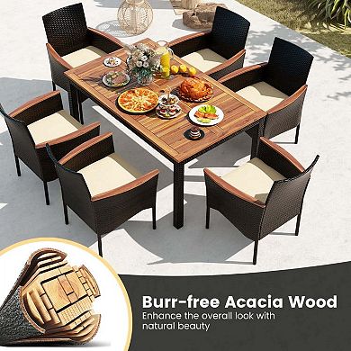 7 Pieces Rattan Patio Dining Set with Stackable Chairs and Umbrella Hole for Balcony and Poolside