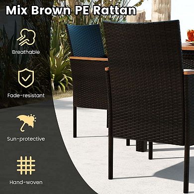 7 Pieces Rattan Patio Dining Set with Stackable Chairs and Umbrella Hole for Balcony and Poolside