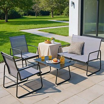 4 pc Metal Patio Chat Furniture Set with Tempered Glass Coffee Table for Outdoor Use
