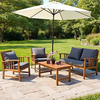 4 pc Wooden Patio Conversation Set with Cushioned Sofa Chairs and Outdoor Garden Table