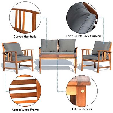 4 Pieces Wooden Patio Conversation Set with Cushioned Sofa Chairs and Outdoor Garden Table