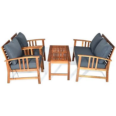 4 Pieces Wooden Patio Conversation Set with Cushioned Sofa Chairs and Outdoor Garden Table
