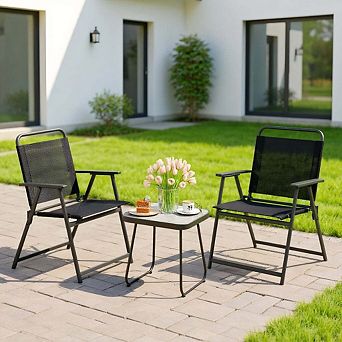 3 pc Black Outdoor Patio Folding Conversation Set with Chairs and Table