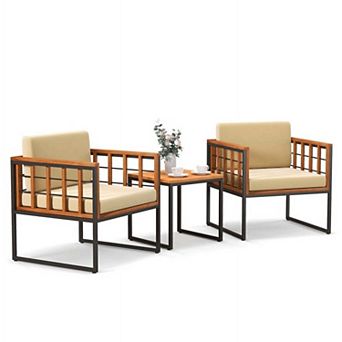 3 pc Beige Acacia Wood Patio Conversation Set with Outdoor Sofa and Soft Cushions