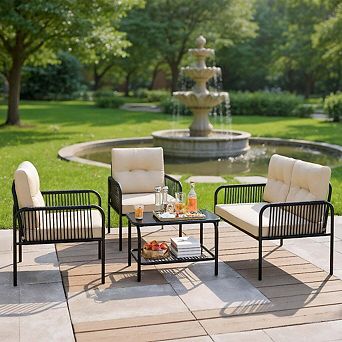 4 pc Beige PE Rattan Patio Furniture Set with Sofa Chairs and Loveseat