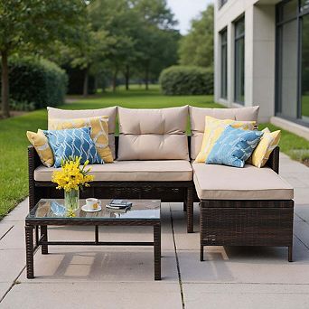 3 pc Wicker Rattan Patio Bistro Set with Cushioned Chairs and Coffee Table for Outdoor Spaces