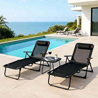 3 pc Black Patio Folding Chaise Lounge Conversation Set with PVC Tabletop