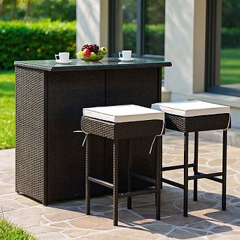 3 pc All Weather Rattan Wicker Bar Stool Dining Set with Cushioned Chairs for Outdoor Deck