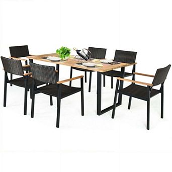 7 pc Outdoor Patio Dining Set with Large Acacia Wood Table Top for Balcony and Poolside