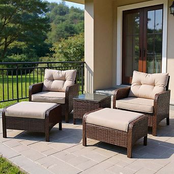 5 pc All Weather Rattan Patio Sofa Ottoman Set with Cushions for Outdoor Back Deck