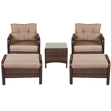 5 Pieces All Weather Rattan Patio Sofa Ottoman Set with Cushions for Outdoor Back Deck