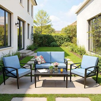 4 pc Blue Patio Furniture Set with Aluminum Frame, Cushioned Sofa and Coffee Table