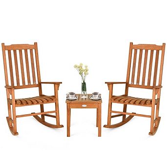3 pc Outdoor Folding Rocking Chair Set with Cushions and Glass Coffee Table