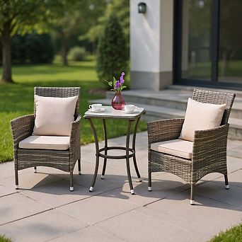 3 pc Gray Rattan Patio Chair Set with 2 Chairs, Coffee Table, Steel Frame and Polyester Cushions