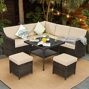 6 pc All Weather Rattan Patio Dining Sofa Conversation Set for Outdoor Back Deck