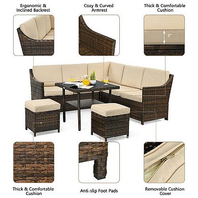 6 Pieces All Weather Rattan Patio Dining Sofa Conversation Set for Outdoor Back Deck