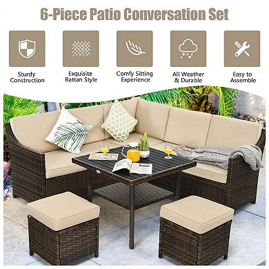 6 Pieces All Weather Rattan Patio Dining Sofa Conversation Set for Outdoor Back Deck