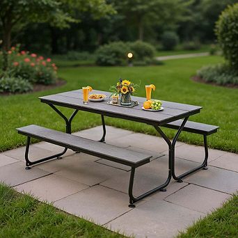 6 Feet Gray Metal Outdoor Picnic Table Bench Set for 6-8 People for Patio Garden