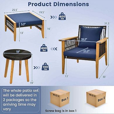 5 Pieces Navy Patio Conversation Set with Coffee Table and 2 Supporting Ottomans