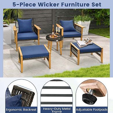 5 Pieces Navy Patio Conversation Set with Coffee Table and 2 Supporting Ottomans