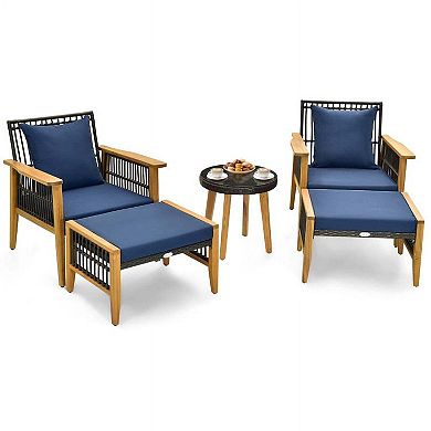5 Pieces Navy Patio Conversation Set with Coffee Table and 2 Supporting Ottomans
