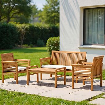 4 pc Beige Acacia Wood Outdoor Sofa Furniture Set with Matching Table