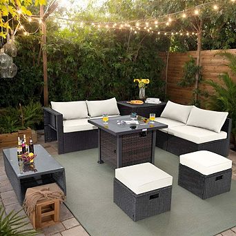 9 pc White Patio Furniture Set with 32 Inch 50000 BTU Square Propane Fire Pit Table