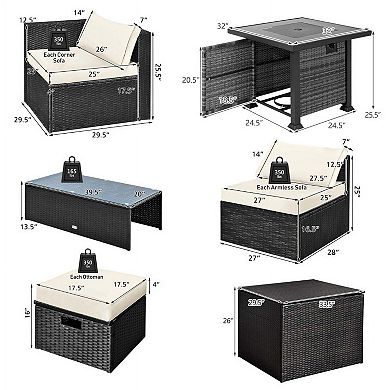 9 Pieces White Patio Furniture Set with 32 Inch 50000 BTU Square Propane Fire Pit Table