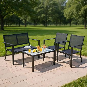 4 pc Beige Steel Frame Patio Furniture Set with Sofa and Coffee Table