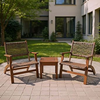 3 pc Outdoor Wooden Rattan Patio Conversation Furniture Set