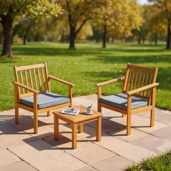 3 pc Gray Acacia Wood Patio Conversation Set with Soft Cushions for Front Porch